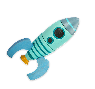 A picture of a wooden blue toy rocketship